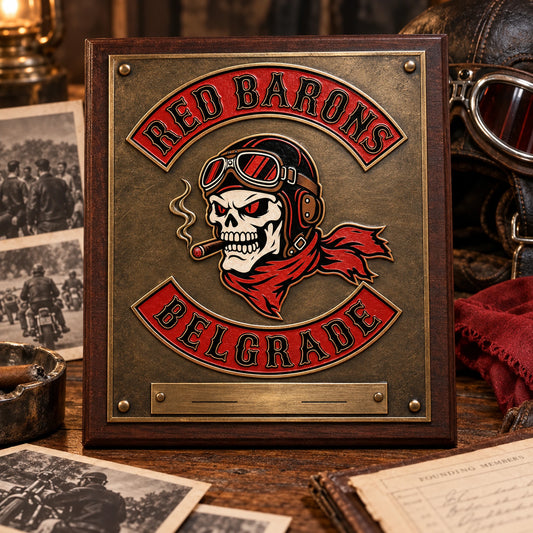 Motorcycle club heritage plaque featuring the club founding year.