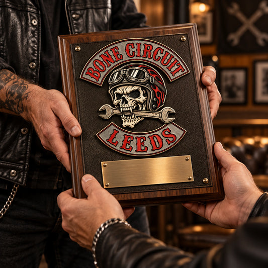 Personalized motorcycle club plaque with a member name and approved logo.