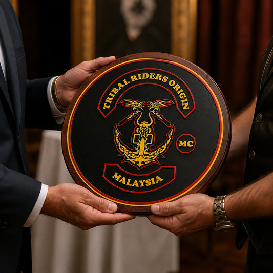Personalized motorcycle club plaque with a member name and approved logo.