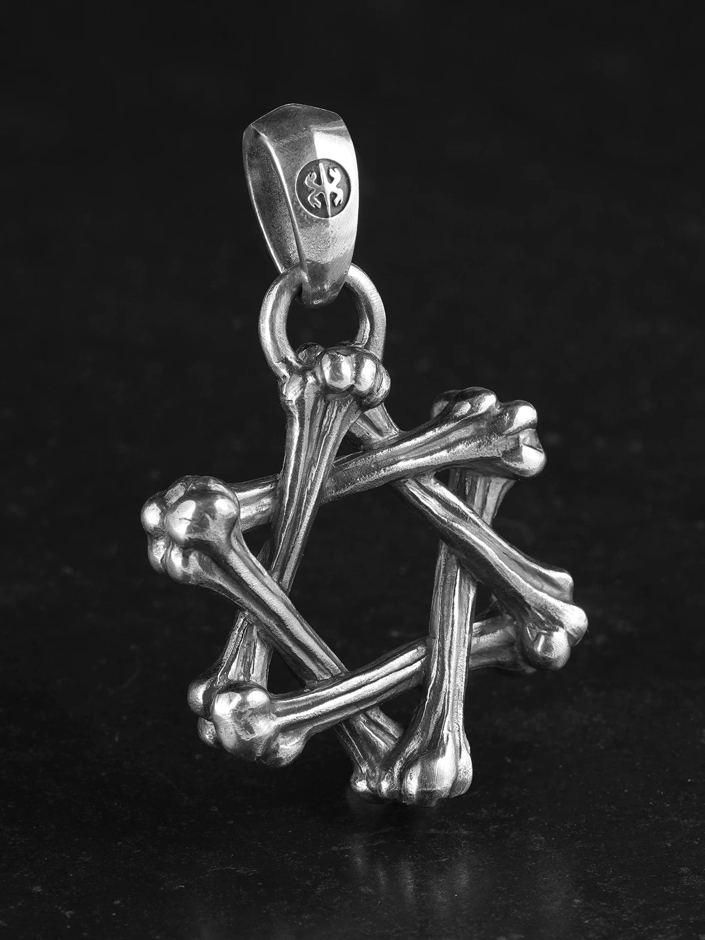 Front close view of immortal bone hexagram sterling silver biker pendant