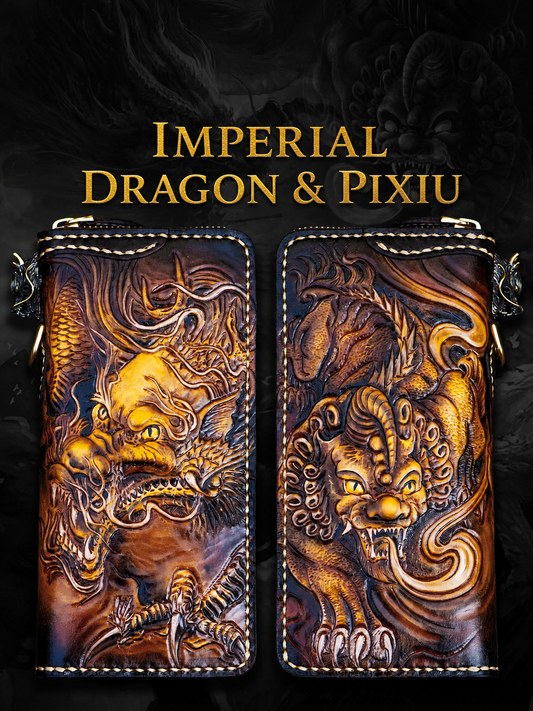hand-carved Imperial Dragon and Pixiu full-grain leather biker wallet