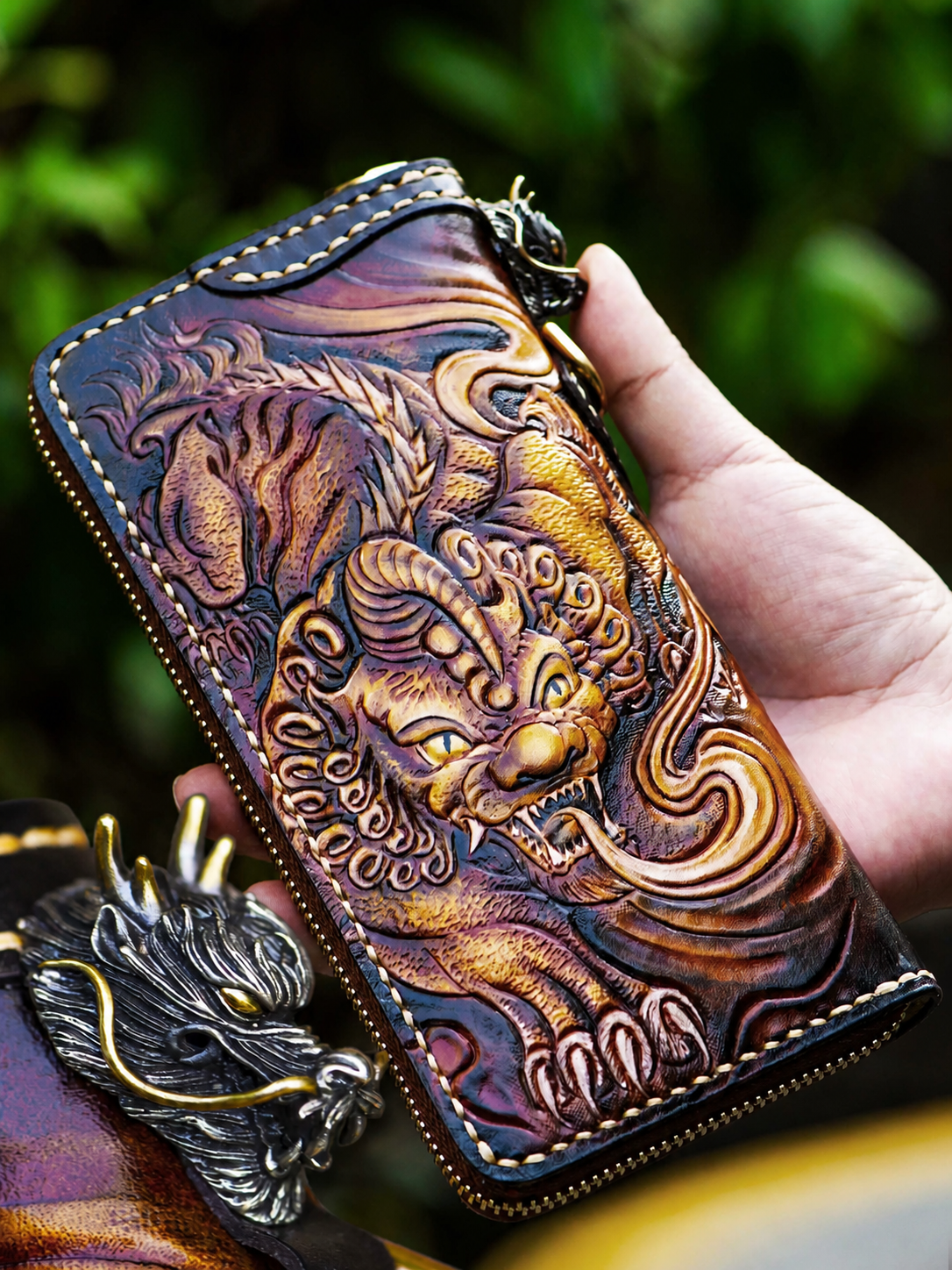 Pixiu guardian side of a hand-carved leather biker wallet
