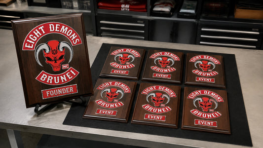 One founder plaque and a matching personalized motorcycle club event set.