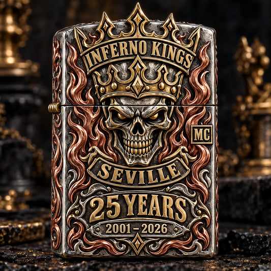 Inferno Kings motorcycle club anniversary lighter with a crown-shaped case, 25 YEARS and 2001–2026 in natural metals.
