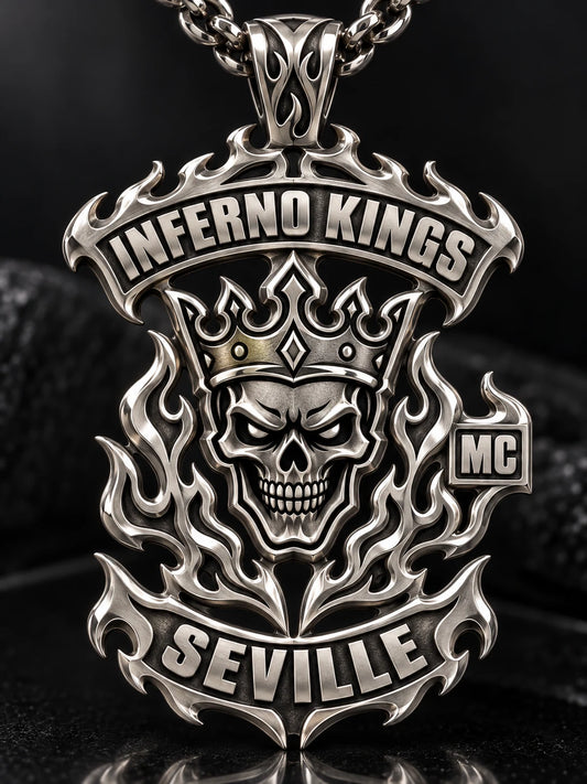 Inferno Kings custom polished stainless steel motorcycle club pendant with crowned skull relief.