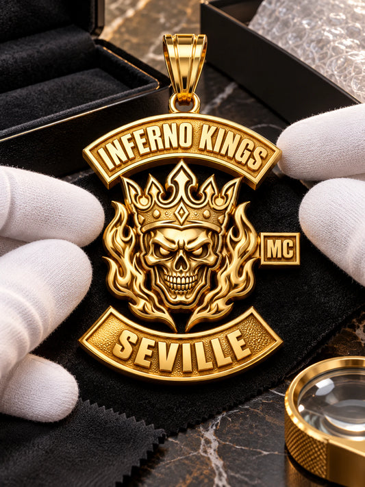 Inferno Kings gold-plated pendant concept being inspected and prepared for club-order shipping.