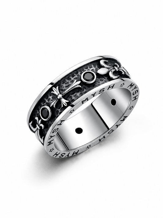 Iris Flower Relief Sterling Silver Biker Ring - product view