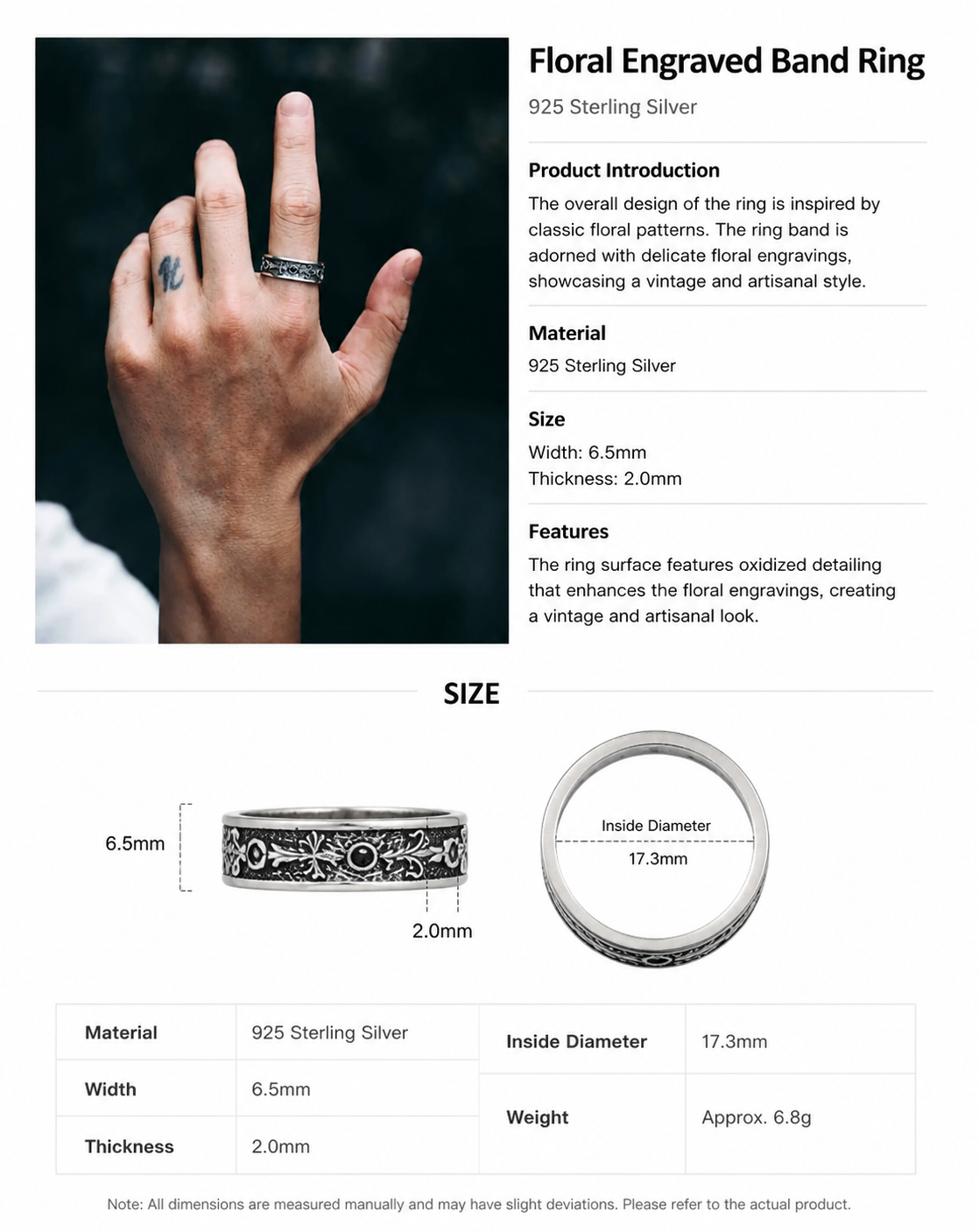 Iris Flower Relief Sterling Silver Biker Ring - English product detail 10