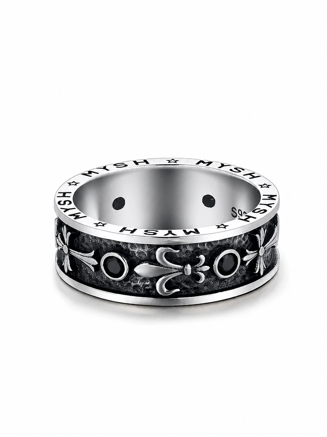 Iris Flower Relief Sterling Silver Biker Ring - product view 2