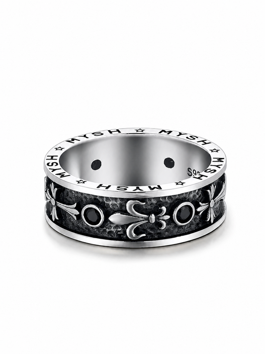Iris Flower Relief Sterling Silver Biker Ring - product view 2