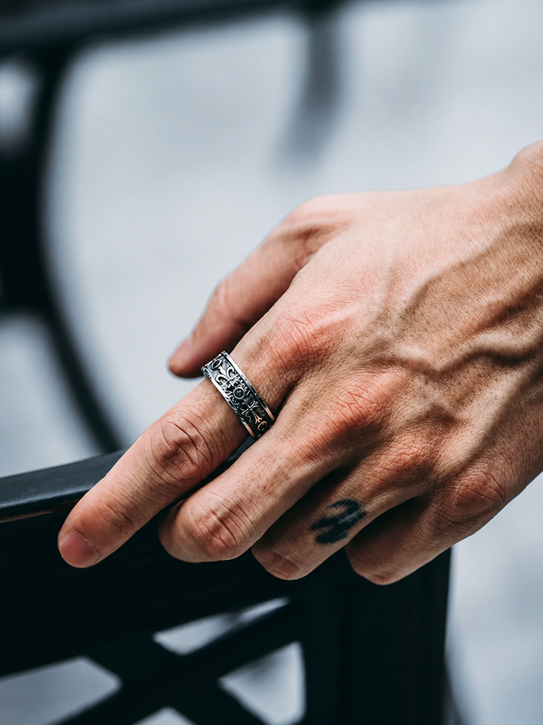 Iris Flower Relief Sterling Silver Biker Ring - product view 3