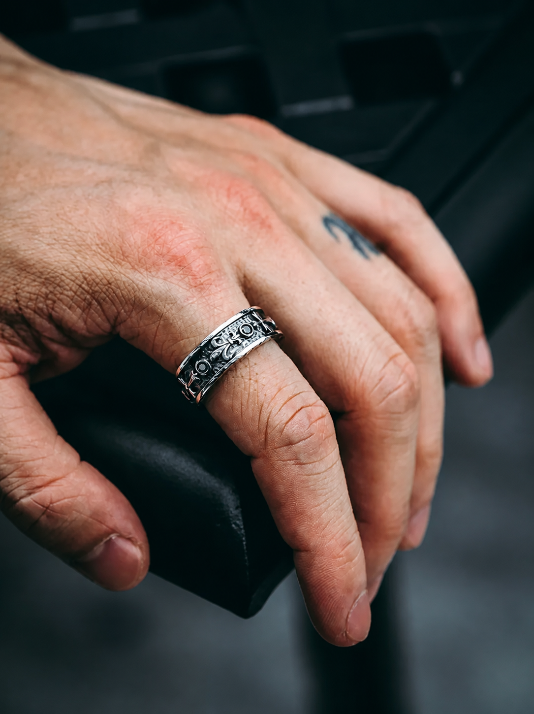 Iris Flower Relief Sterling Silver Biker Ring - product view 4
