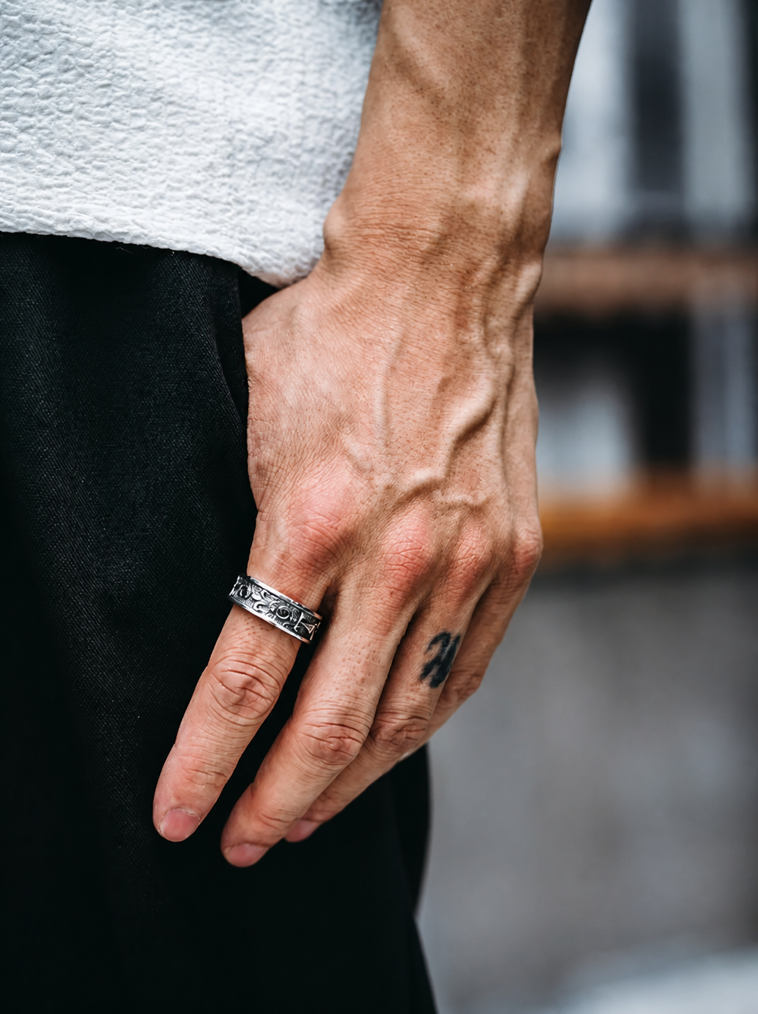 Iris Flower Relief Sterling Silver Biker Ring - product view 5