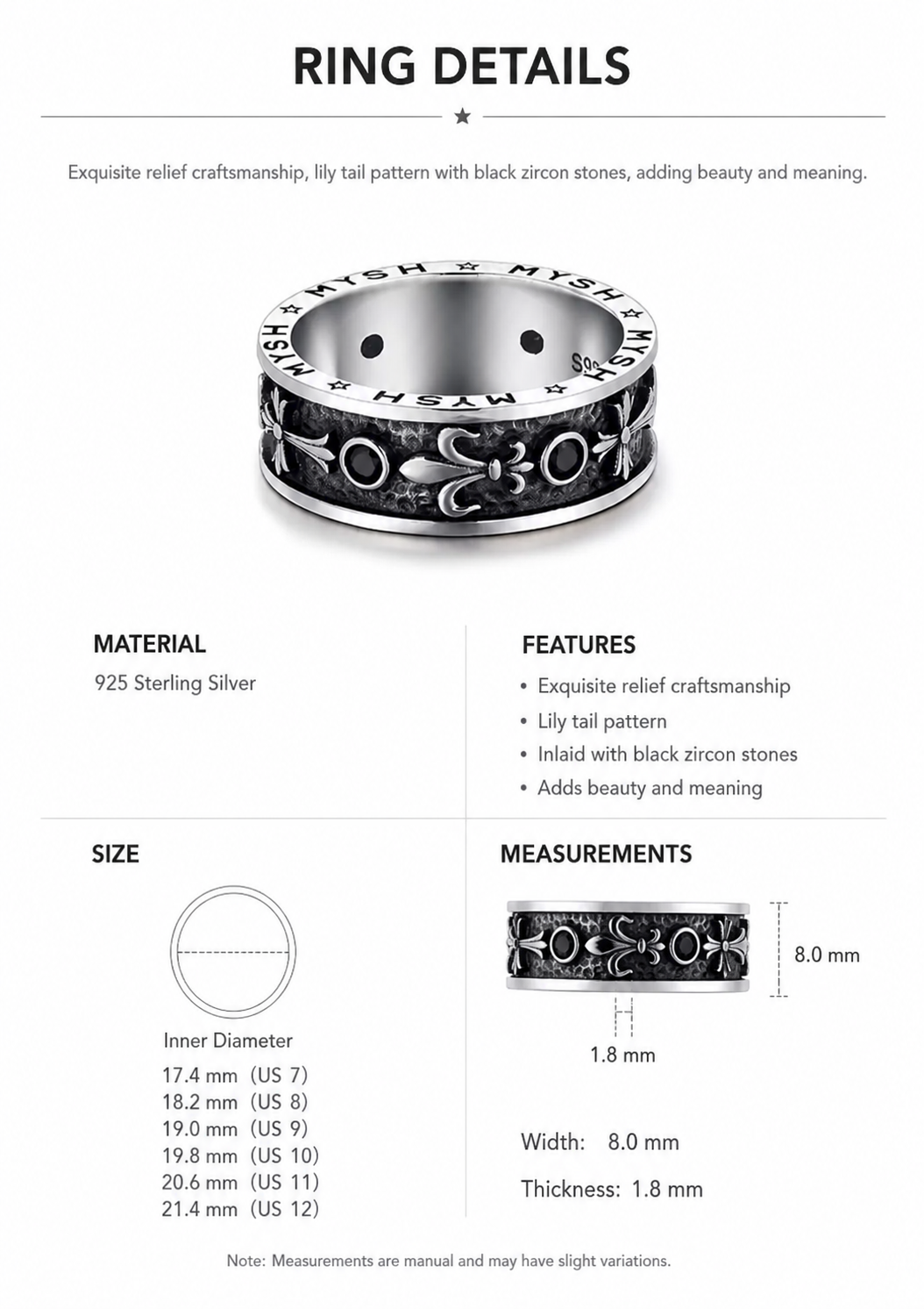 Iris Flower Relief Sterling Silver Biker Ring - English product detail 8