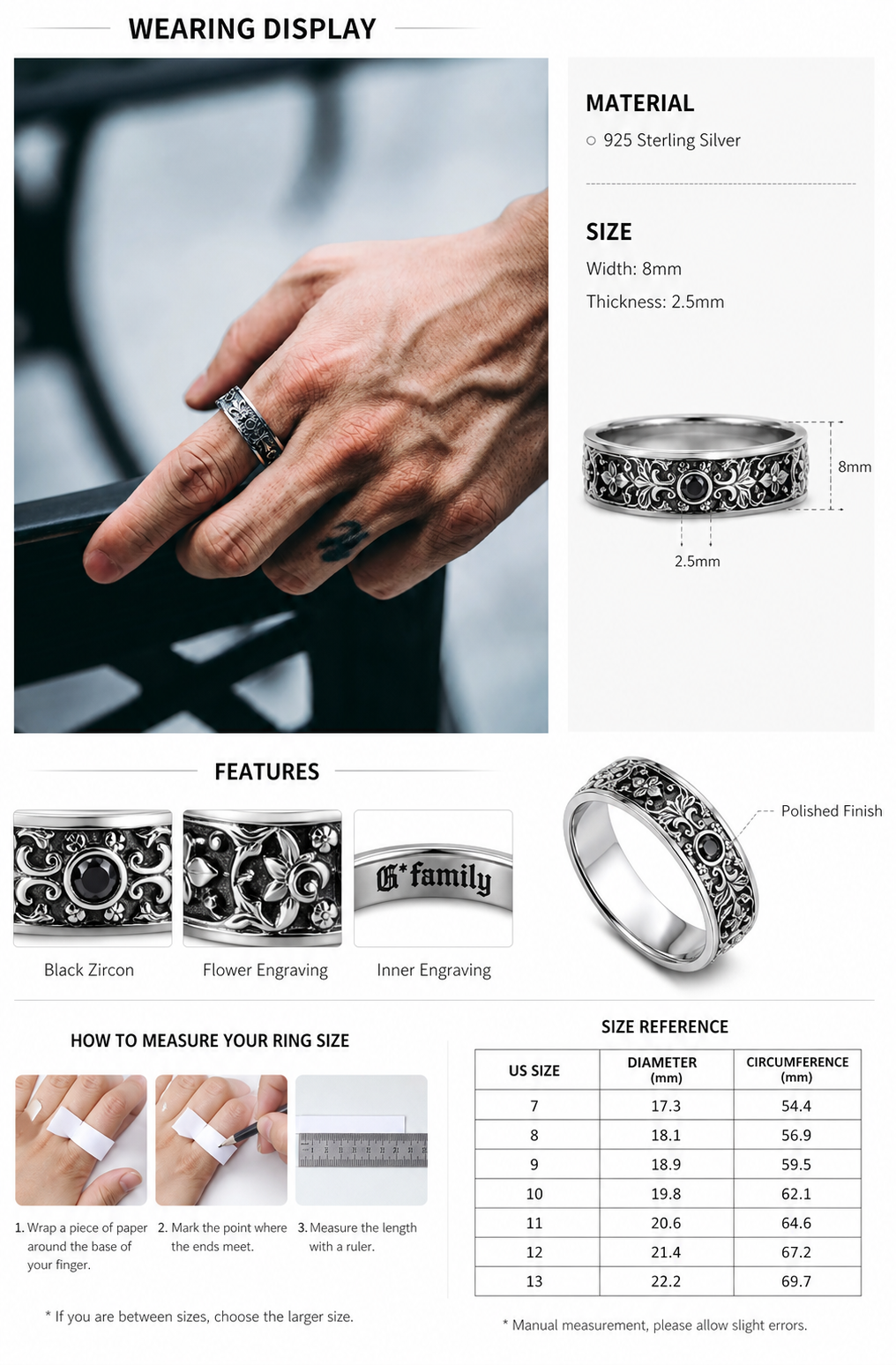 Iris Flower Relief Sterling Silver Biker Ring - English product detail 9