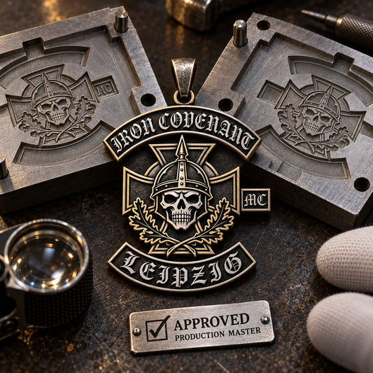 Approved Iron Covenant motorcycle club pendant production master undergoing final workshop inspection.
