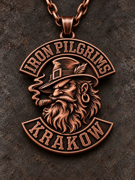 Iron Pilgrims motorcycle club pendant in brushed pure copper with a short chain.