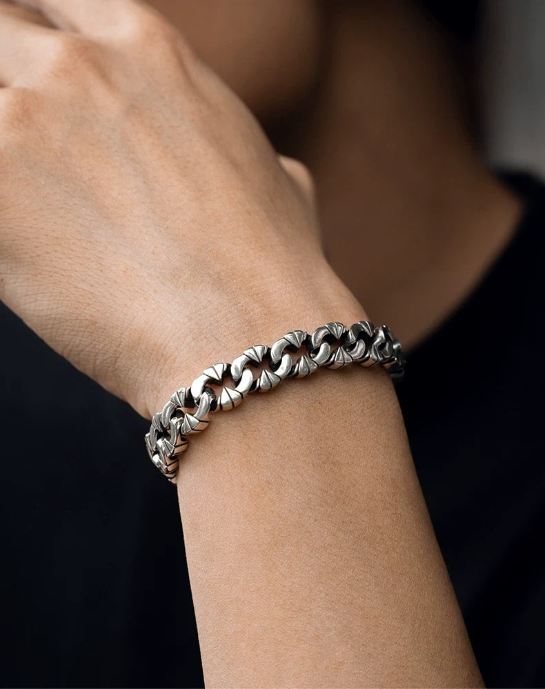 Irregular Interlocking Sterling Silver Biker Bracelet – wrist and design view 2