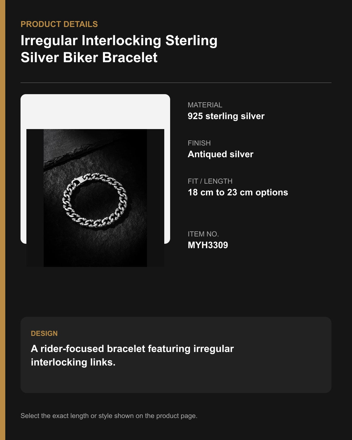 Irregular Interlocking Sterling Silver Biker Bracelet – English product details