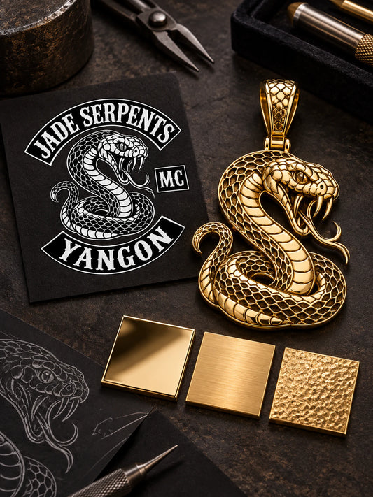 Jade Serpents gold-plated pendant concept being reviewed for shape and finish options.