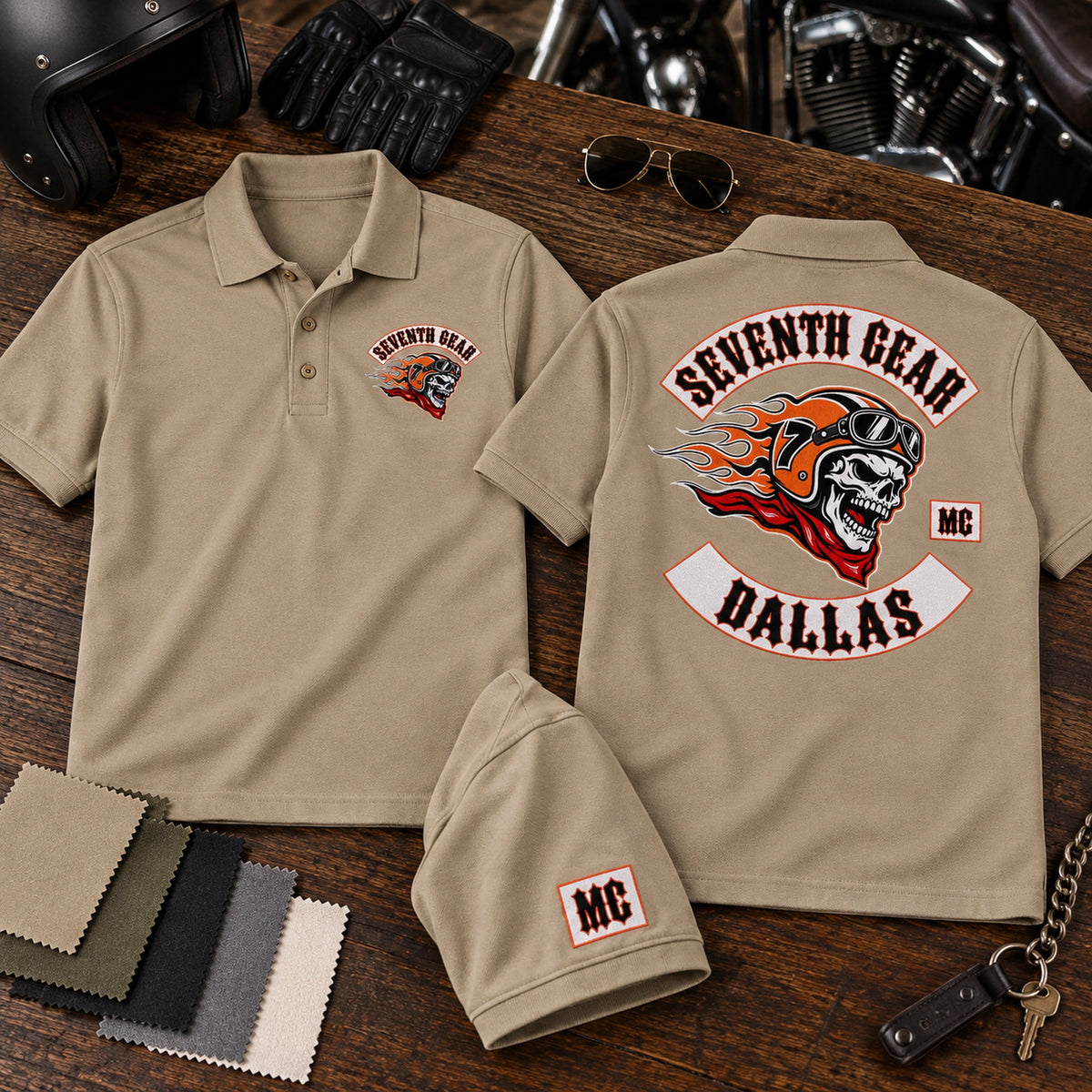 Khaki Seventh Gear Dallas motorcycle club polo views display chest, sleeve and large back customization on a dark oak sample table.