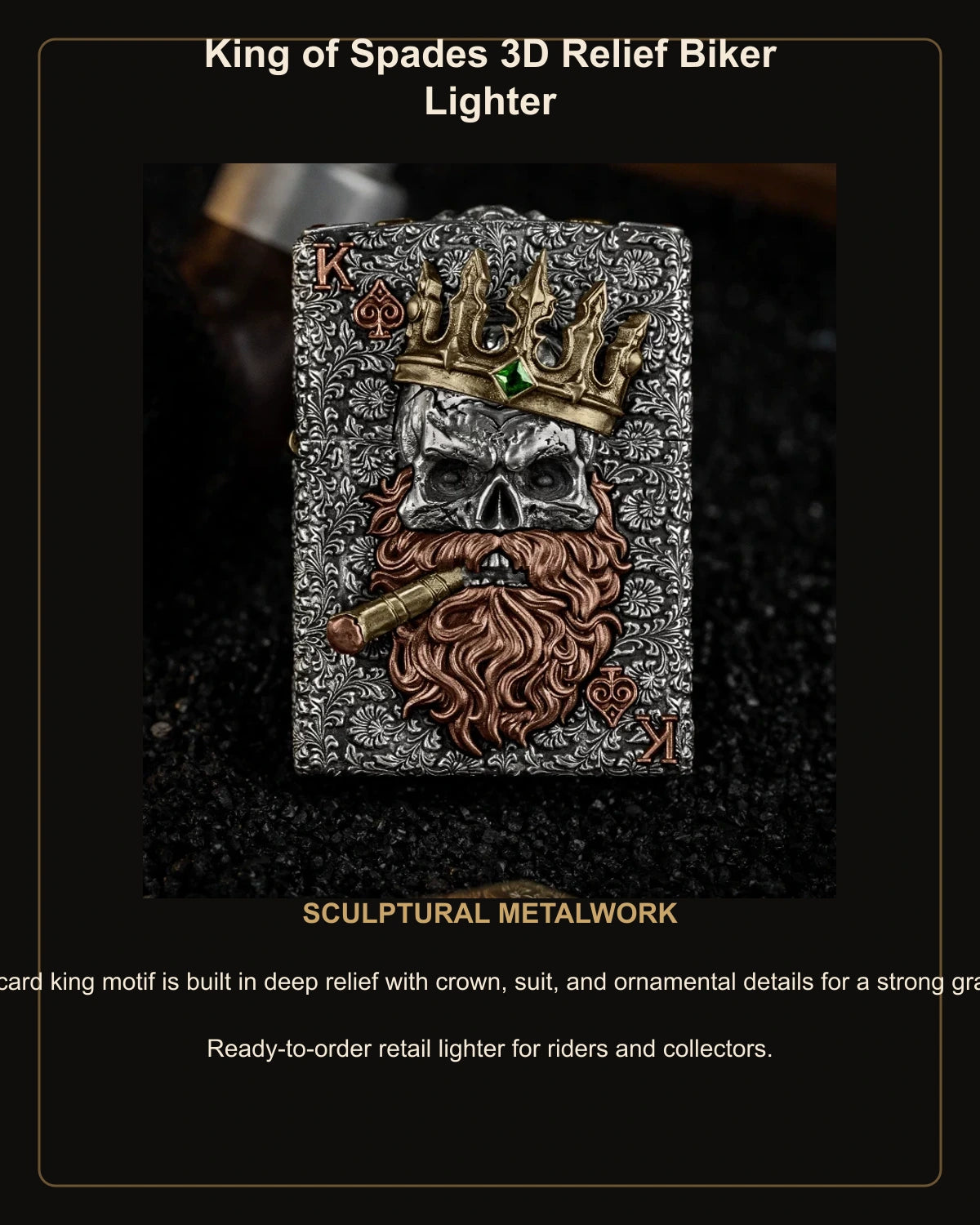 King of Spades 3D Relief Biker Lighter – English design story
