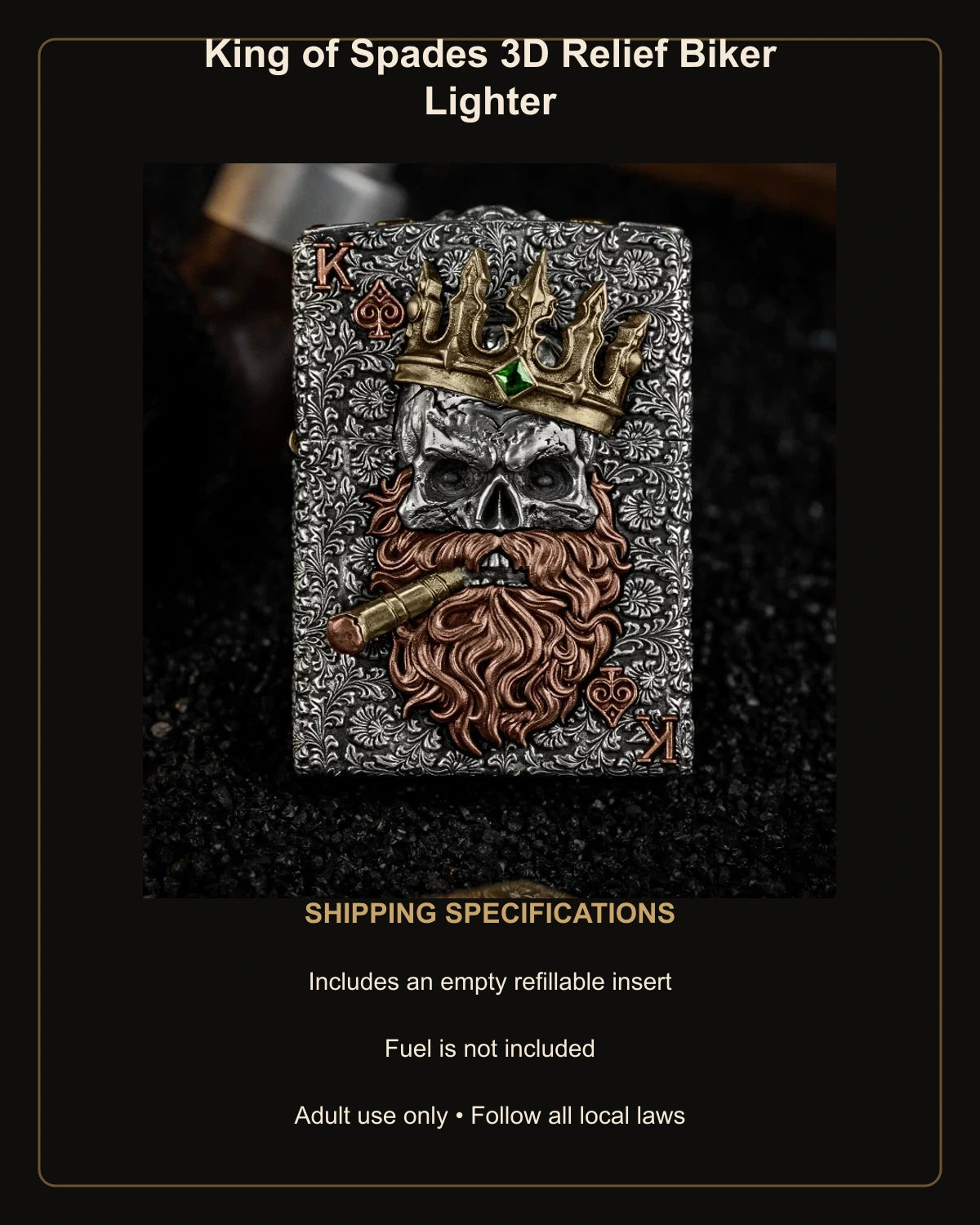 King of Spades 3D Relief Biker Lighter – empty refillable insert included and no fuel supplied