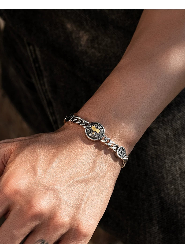 Koi Fish Sterling Silver Biker Bracelet – wrist and design view 1