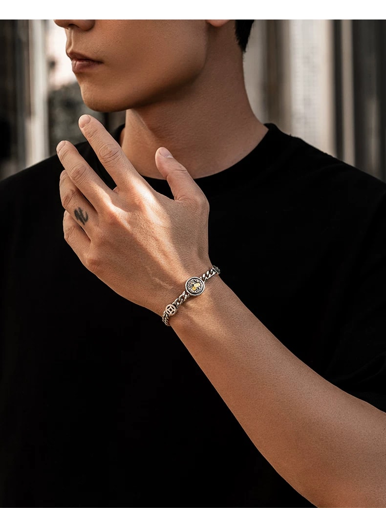 Koi Fish Sterling Silver Biker Bracelet – wrist and design view 2