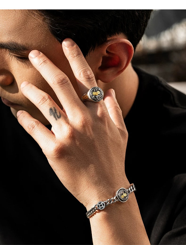 Koi Fish Sterling Silver Biker Bracelet – wrist and design view 4