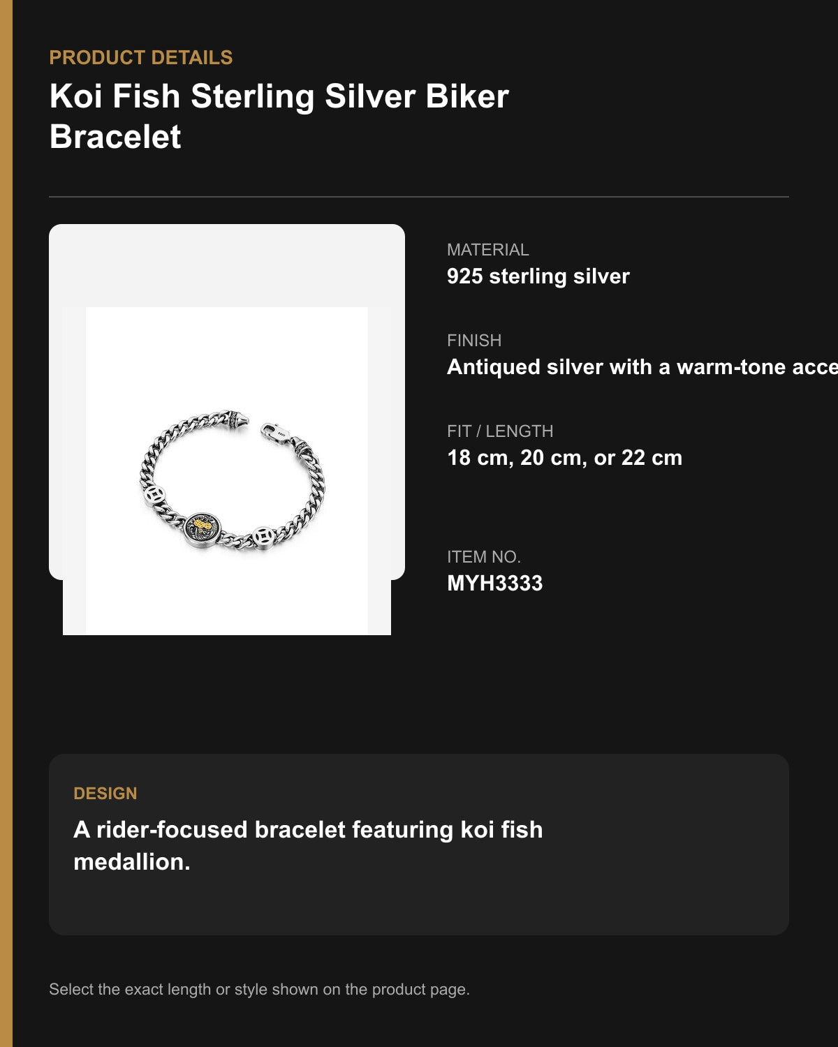 Koi Fish Sterling Silver Biker Bracelet – English product details