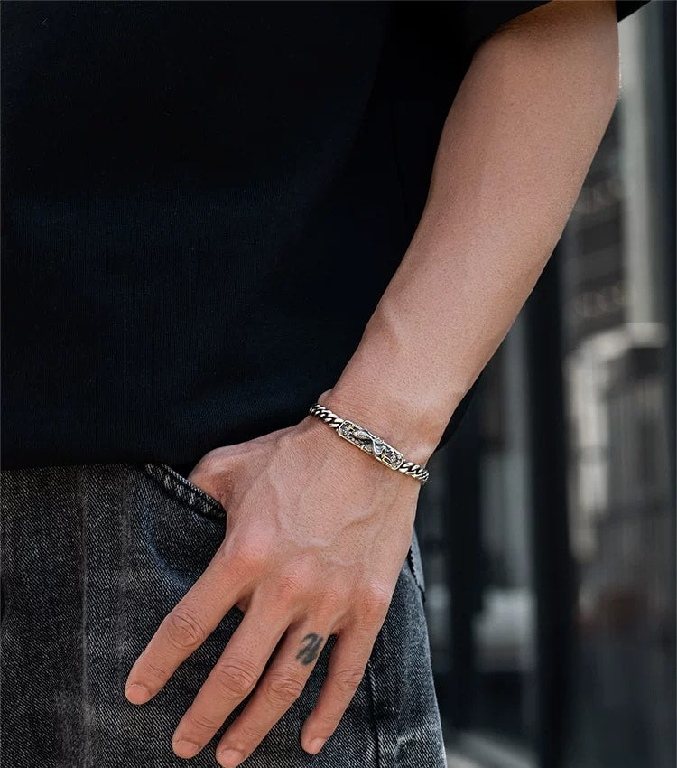 Koi Leaping Dragon Gate Silver Biker Bracelet – design view 1