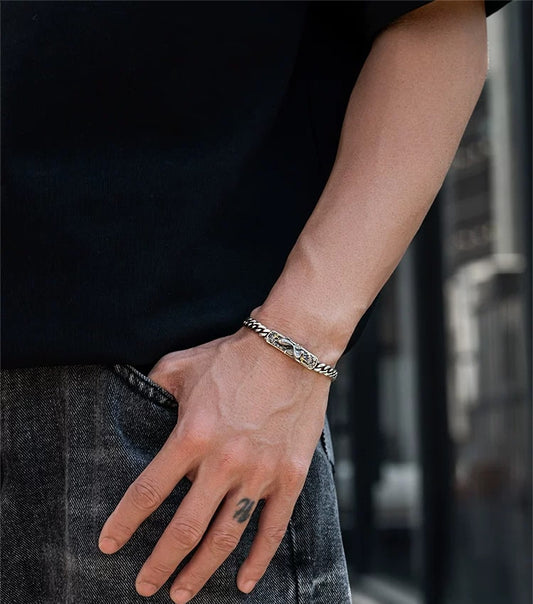 Koi Leaping Dragon Gate Silver Biker Bracelet – design view 1