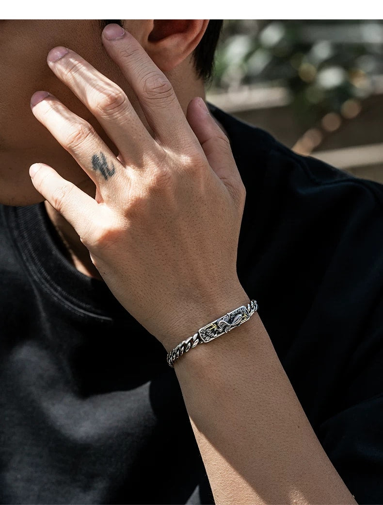 Koi Leaping Dragon Gate Silver Biker Bracelet – design view 2