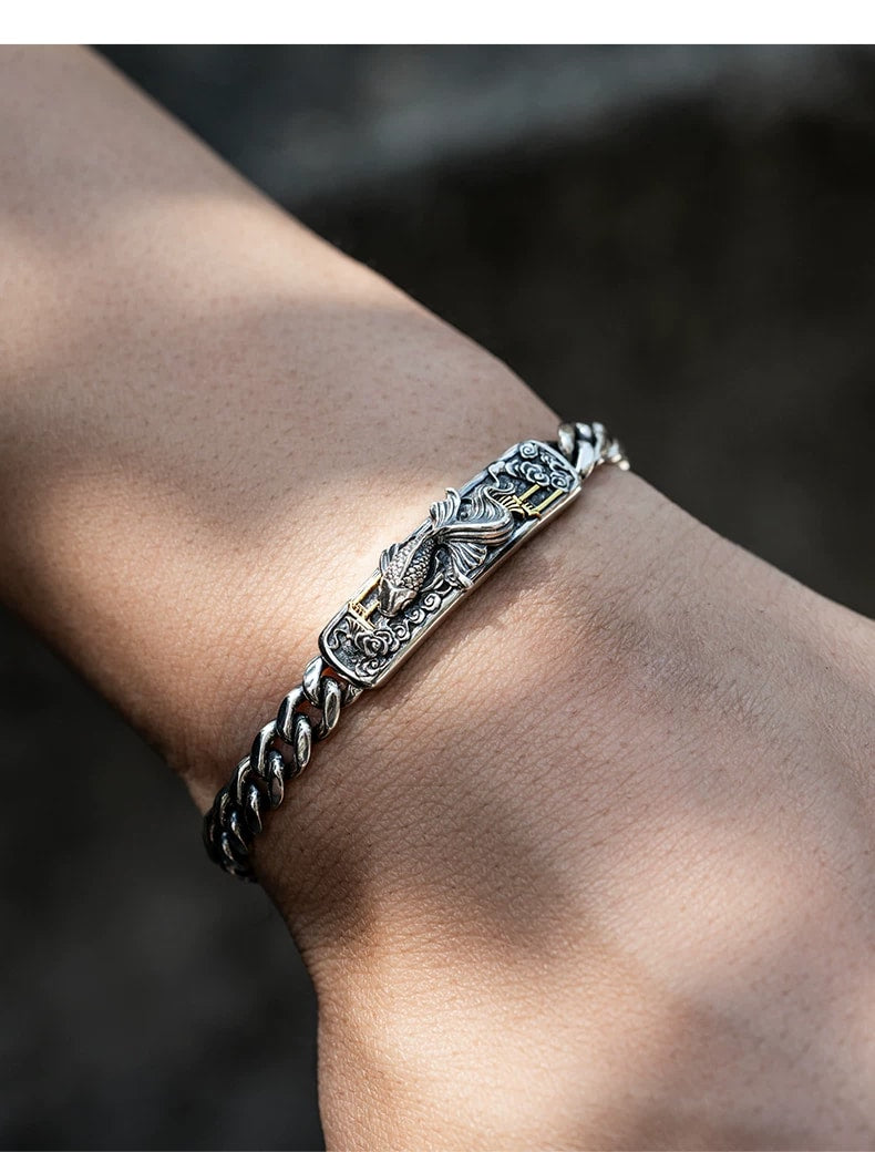 Koi Leaping Dragon Gate Silver Biker Bracelet – design view 4