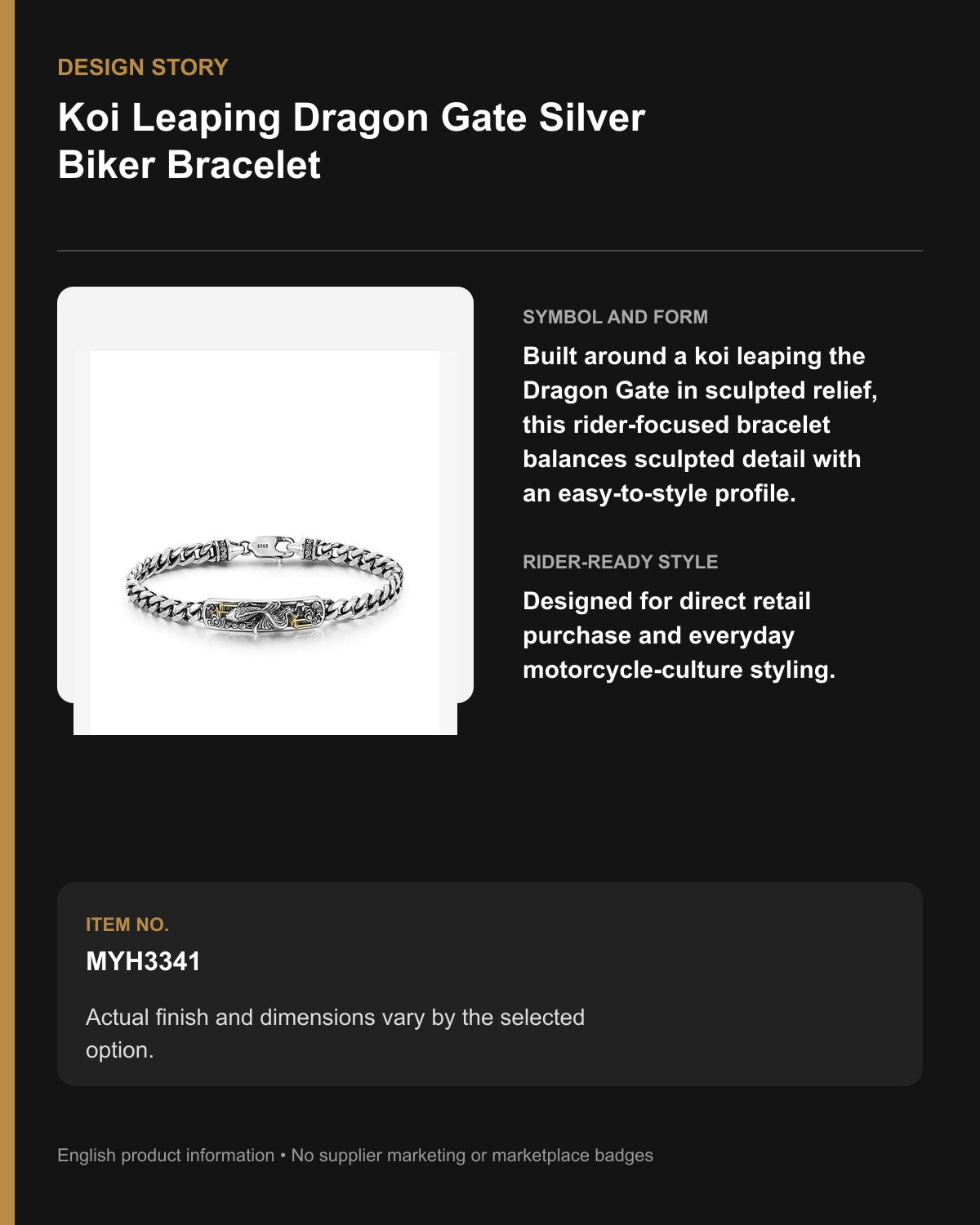 Koi Leaping Dragon Gate Silver Biker Bracelet – English design story