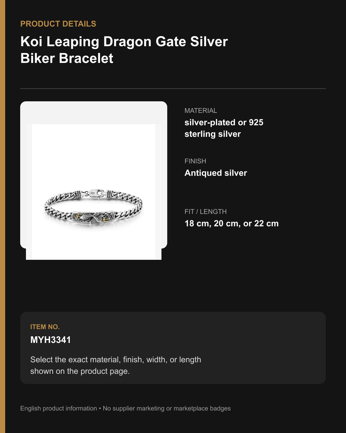 Koi Leaping Dragon Gate Silver Biker Bracelet – English product details