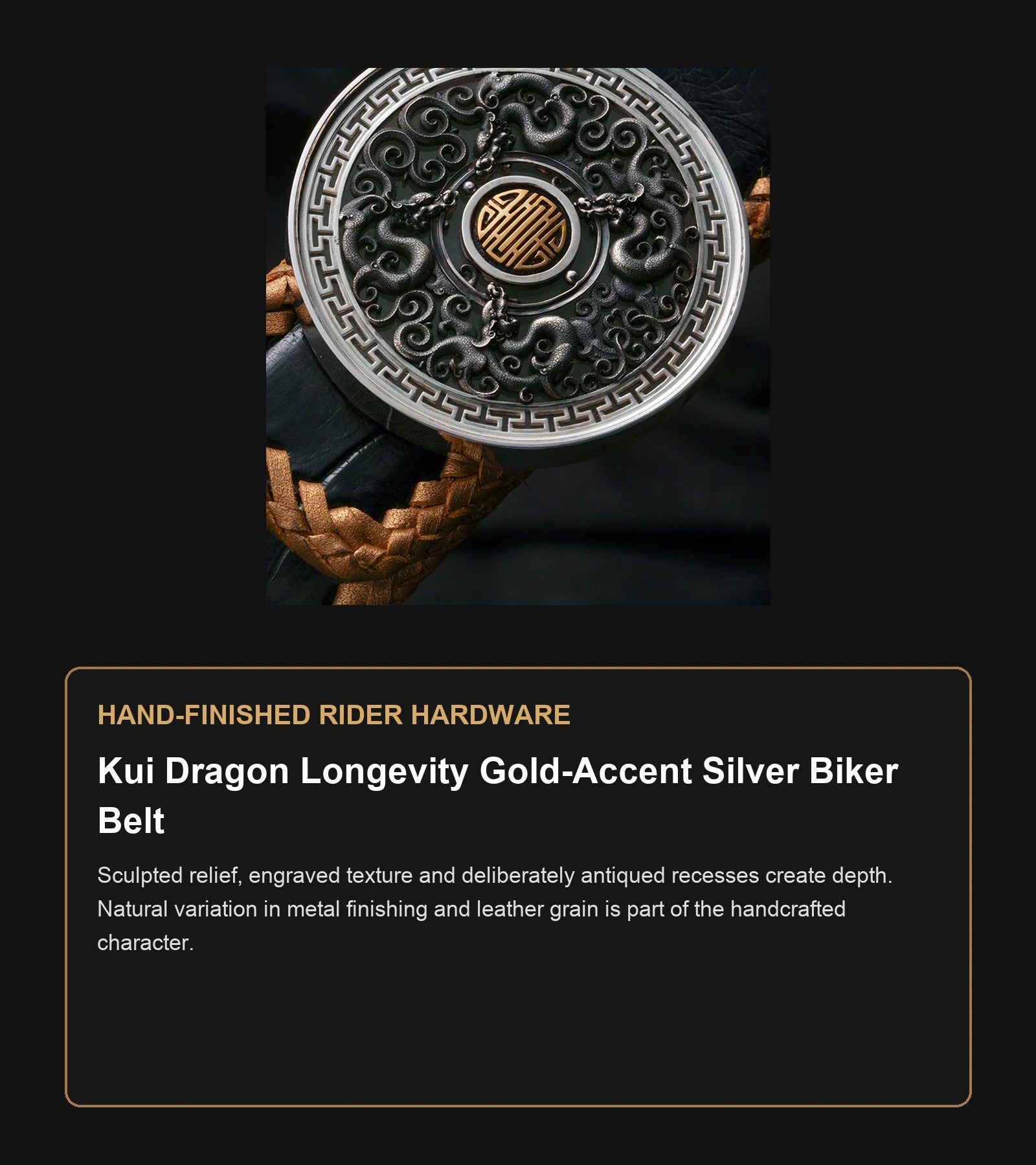 Kui Dragon Longevity Gold-Accent Silver Biker Belt craftsmanship guide in English