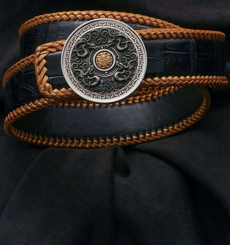Kui Dragon Longevity Gold-Accent Silver Biker Belt detail view 1