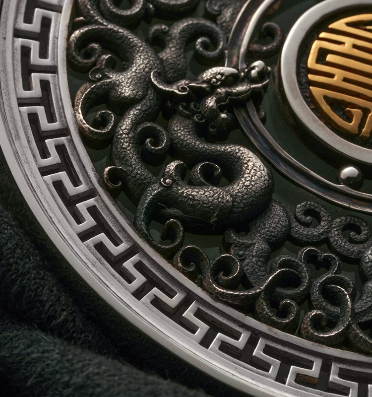 Kui Dragon Longevity Gold-Accent Silver Biker Belt detail view 2