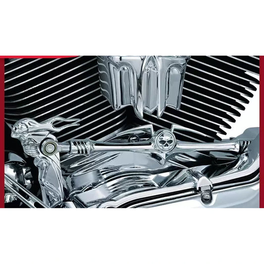 Kuryakyn 1075 chrome skull shift linkage installed on a compatible Harley motorcycle