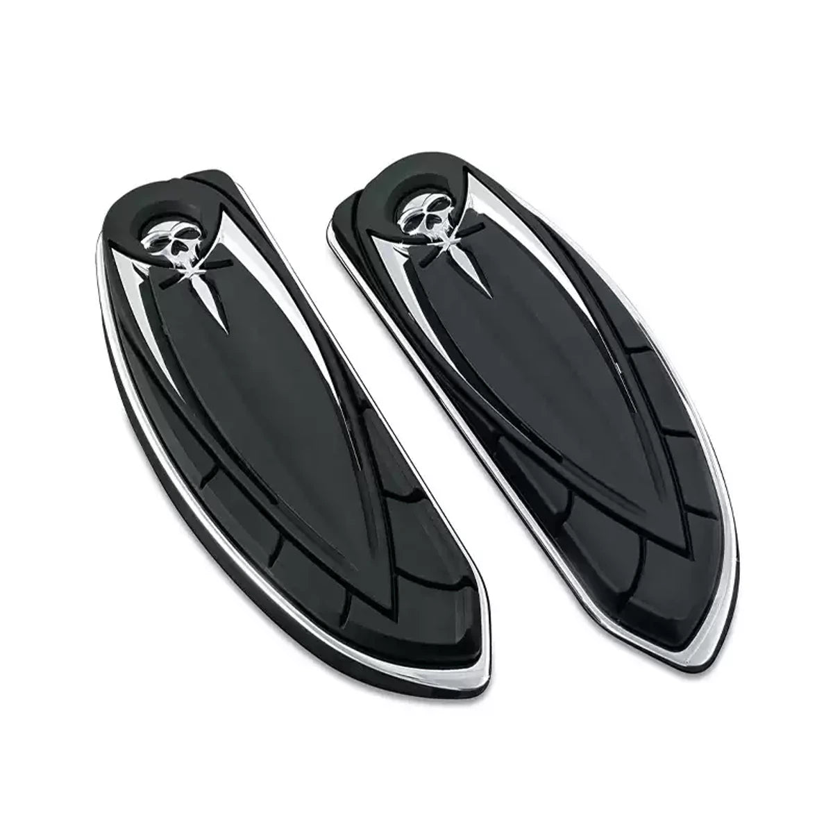Pair of Kuryakyn 4566 skull front footboards with black pads and chrome trim