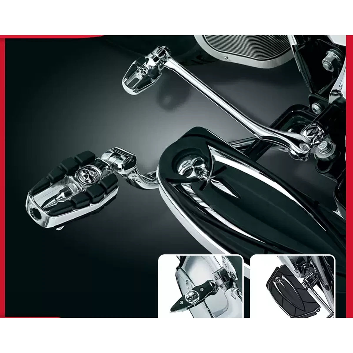 Kuryakyn skull foot control kit with footboards, pegs, shift peg and brake pedal for compatible Harley motorcycles