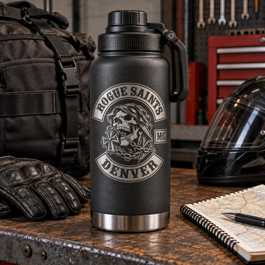 charcoal 40-ounce touring bottle with secure handle prepared as motorcycle club riding gear.