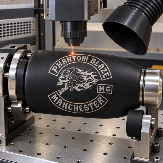 laser engraving machine applying a recognizable monochrome metal-tone version of the exact supplied logo to a matte black coated bottle for a motorcycle club.