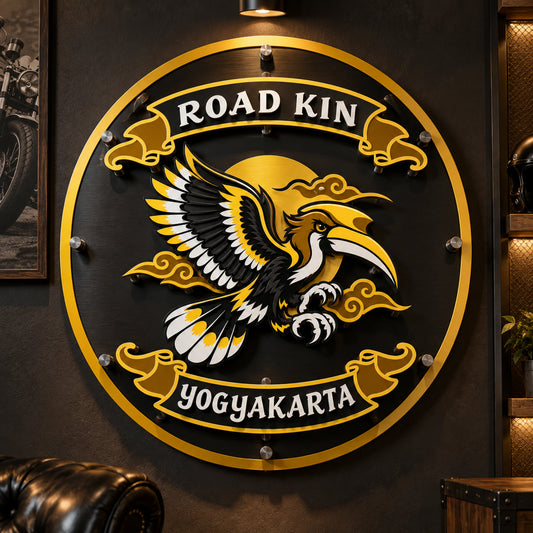 Layered 3D motorcycle club metal wall art with raised elements and visible depth.