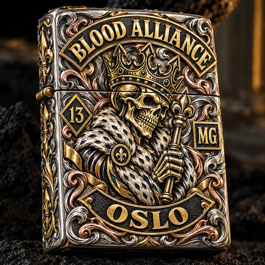 Layered multi-metal motorcycle club lighter with an authorized emblem
