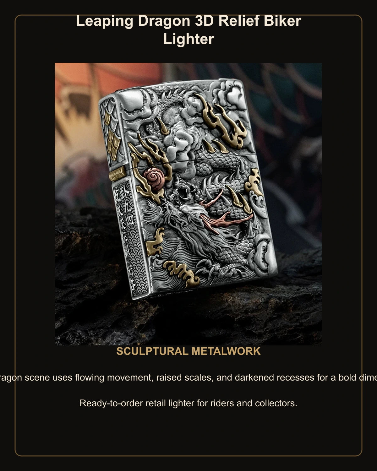 Leaping Dragon 3D Relief Biker Lighter – English design story