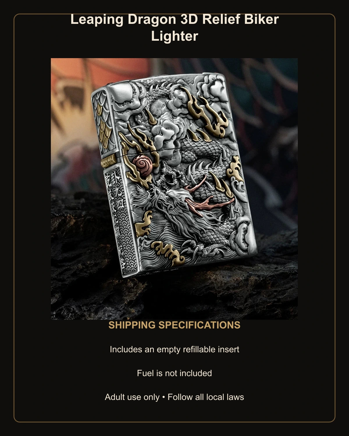 Leaping Dragon 3D Relief Biker Lighter – empty refillable insert included and no fuel supplied