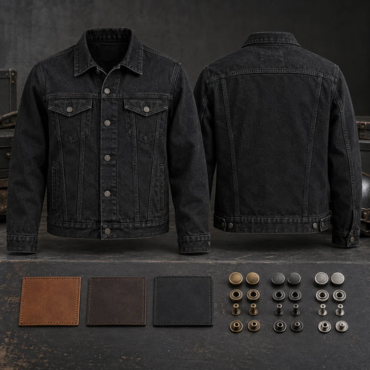 Black denim club jacket with plain leather and coordinated metal detail options.